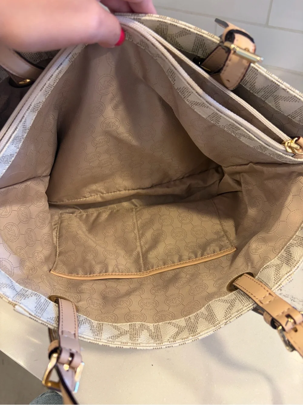 Michael Kors Beige Logo Tote with cream Leather Straps